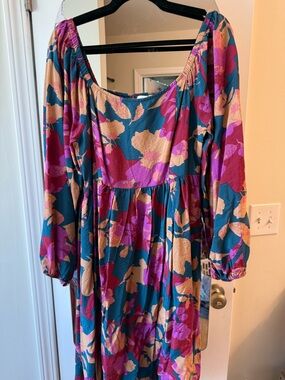 ODDY Floral Scoop Neck Midi Dress - Teal, Magenta & Beige